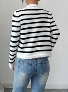 Elenzga New Women's Fashionable & Elegant V-Neck Tie-Up Colorblock Striped Knit Cardigan, Sophisticated Casual Everyday Wear, Autumn/Winter Fall Cloth For Women - Black and White - View 2