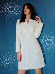 S.W.Smiley x MOTF PREMIUM 粗花呢水钻卡通图案锁眼领短款连衣裙