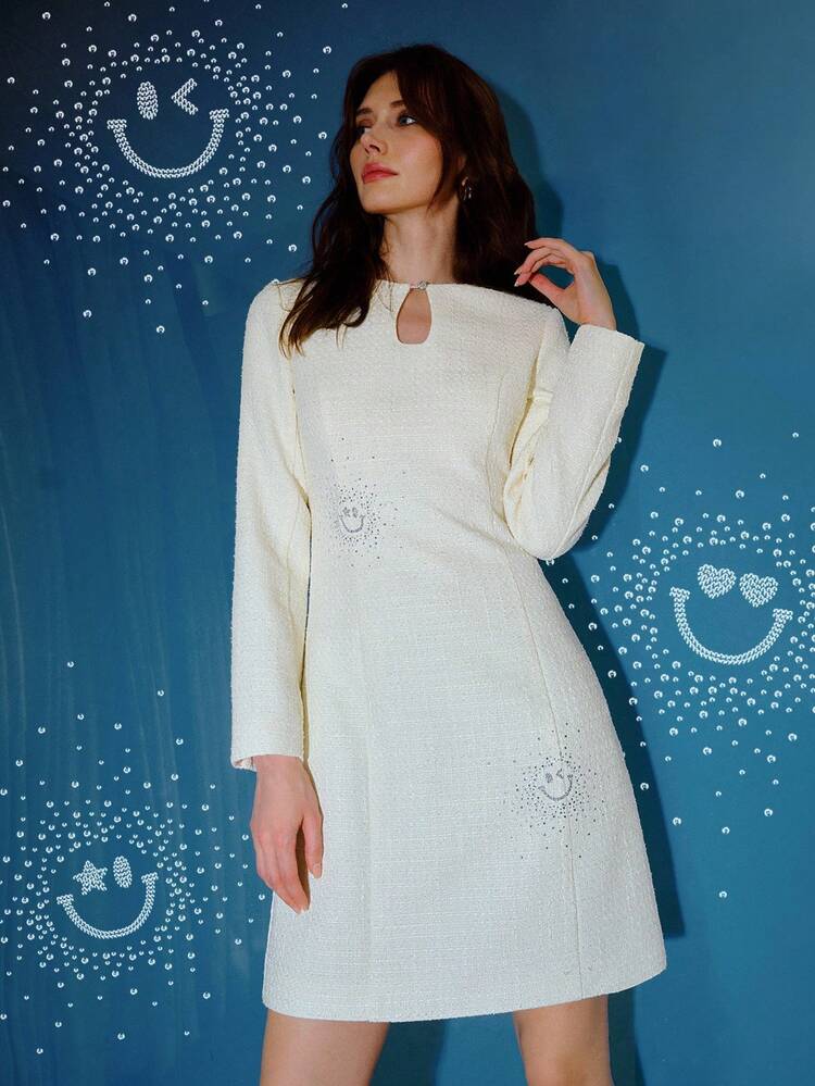 S.W.Smiley x MOTF VESTIDO CORTO CON CUELLO DE OJO DE CERRADURA, PATRÓN DE DIBUJOS ANIMADOS DE STRASS Y TWEED