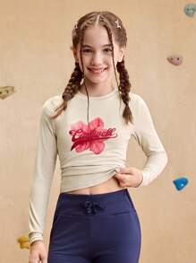 JNSQ Tee-shirt à manches longues imprimé pour fille pré-adolescente, style sport/casual pour l'automne/hiver. Top à manches longues chaud pour le layering. Tee-shirt à manches longues coloré et amusant, inspirant l'imagination des jeunes. Convient pour le port quotidien en automne/hiver, les activités extérieures, les vacances, le streetwear, les fêtes et les loisirs. - Kaki - Voir 1
