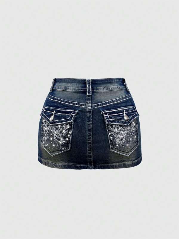 ROMWE J-Fashion Y2K Vintage Butterfly Embroidered Adjustable Color Block Denim Mini Skirt, Plus Size