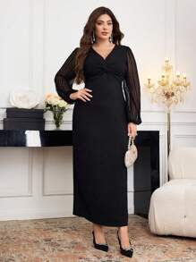 Modelyn 大码优雅纯色蕾丝拼布扭纹紧身连衣裙 - 黑色 - 查看 4