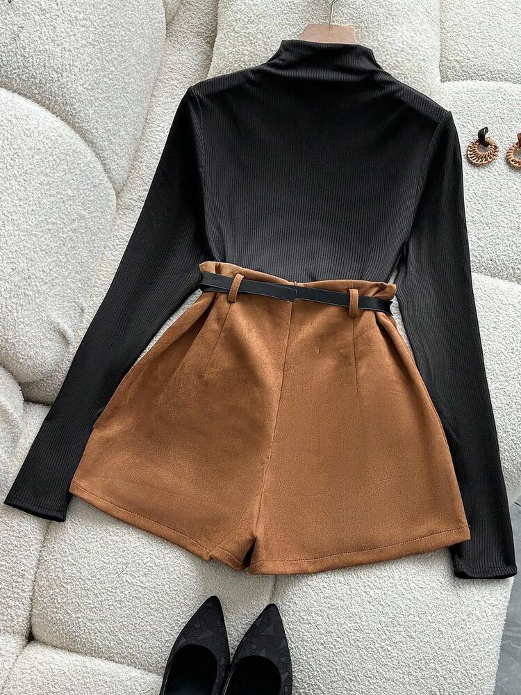 Franclia 2 件套女士休闲通勤装，包括立领褶皱针织弹力修身长袖上衣和系带短裙，秋冬 - 黑色 - 查看 2