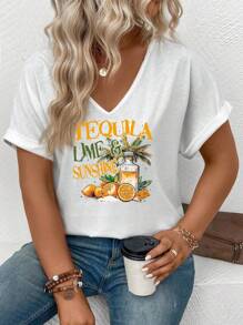 INAWLY Plus Size Women Casual V-Neck Short Sleeve Popular Fruit Element Print T-Shirt - White - View 4