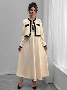 Momance 2pcs Maternity Elegant Commuter Contrast Trim Jacket & Slip Dress Set - Apricot - View 4