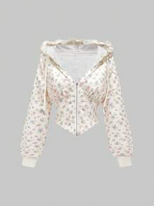 ROMWE Kawaii Áo nỉ ren hoa dễ thương phong cách Cottagecore cỡ lớn cho nữ - Màu be - Xem 1