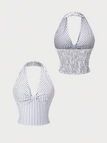 Sweetra Spring/Summer Casual Striped Halter Twist Back Sexy Cropped Shirt For Women - White - View 3