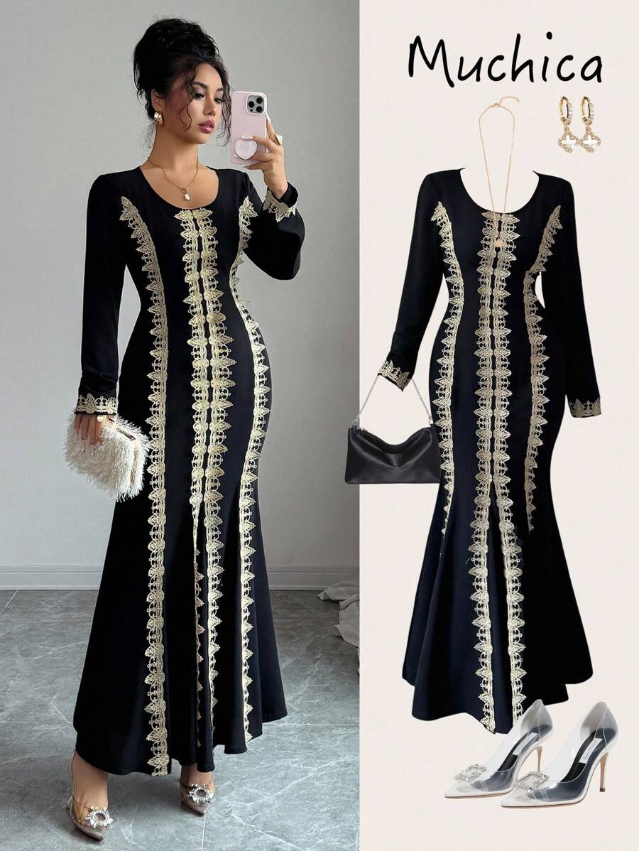 Elenzga Women's Elegant Long Sleeve High-Low Contrast Color Gold Woven Sash Waist Fit & Flare Dress, Flattering And Sophisticated Style For Spring/Summer Fall Cloth For Women - Black - View 1