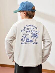 JNSQ Tween Boy Casual Crew Neck Loose Fit Long Sleeve Sweatshirt With Funny Beach Holiday Print, Suitable For Autumn, Winter Daily Wear, Outdoor Activities, Vacation, Streetwear, Party And Leisure - Grey - View 2