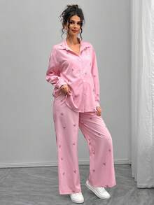 Momance Elegant Casual Butterfly Print Pink Long Cardigan Maternity Set