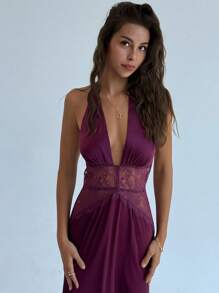 Aloruh Váy yếm hở lưng phối ren màu trơn gợi cảm dành cho nữ, mùa hè - Màu Đỏ Sâu - Xem 1