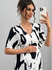 SHEIN Maternity Summer Fashion Color Block Print Split Dress - Black and White - View 7