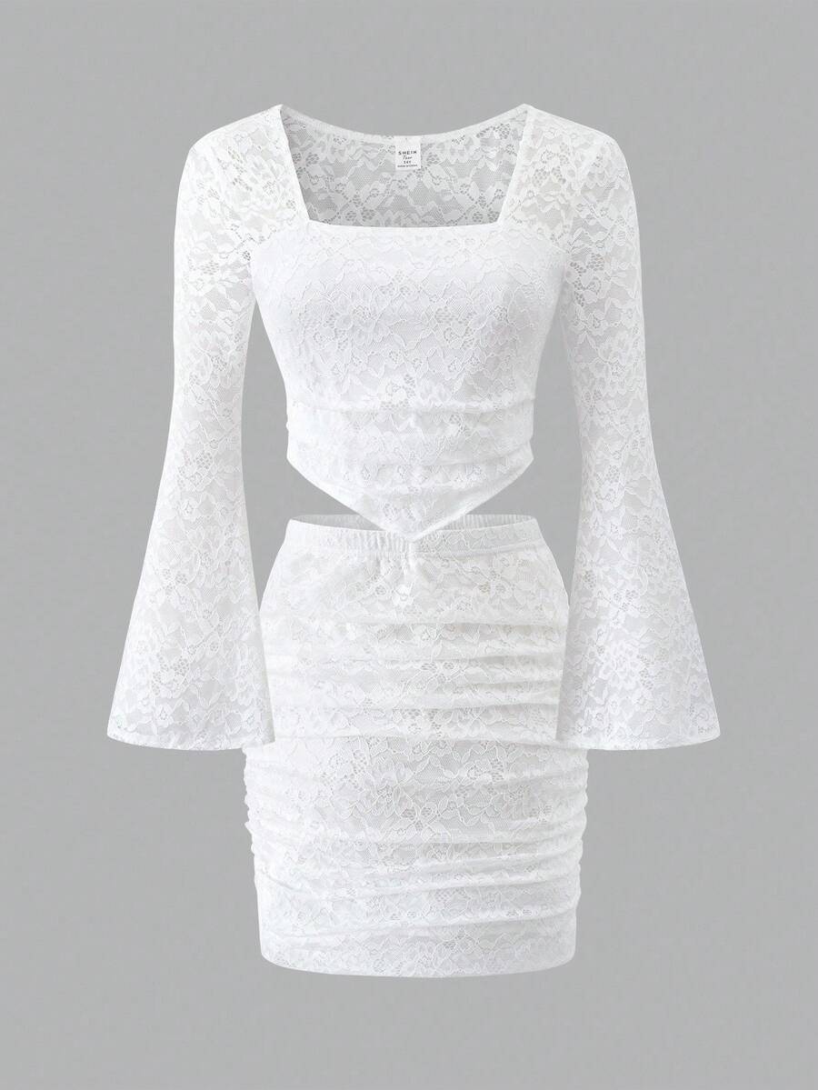 Big Girl Lace Two Pieces Set - White Princess Dress, Elegant Youth Outfit, Party Dress, Decorated With Sleeves, Long-Sleeved - White - View 1