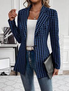 SHEIN Clasi 秋冬时尚通勤千鸟格束腰西装外套 - 藍色 - 查看 10