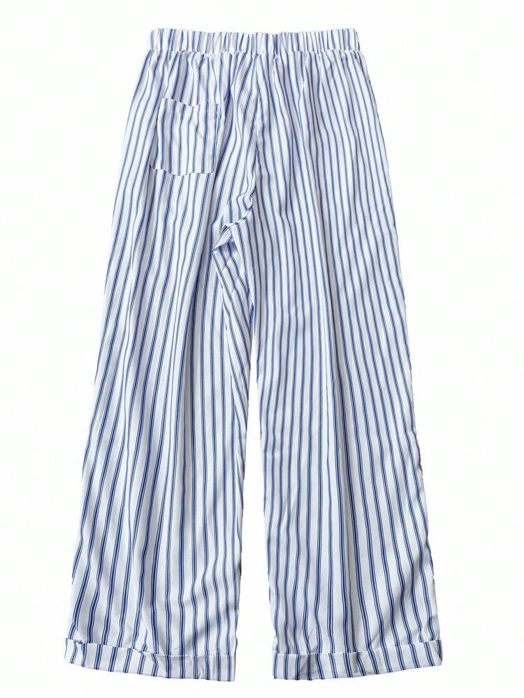 Plus Size Women's Vacation Decorative Cord Elastic Waistband Pockets Reversed Foot Striped Pants, Spring For Women