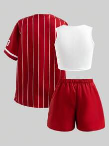 SHEIN 3 件套青少年女孩时尚运动装 - 黑色条纹复古字母印花宽松夹克衬衫、白色修身吊带背心、黄色短裤套装 - 酒紅色 - 查看 2