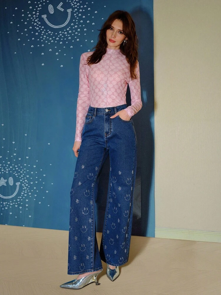 S.W.Smiley x MOTF RHINESTONE SMILE FACE PATTERN WIDE LEG JEANS