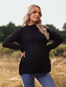 SHEIN Maternity Twist Cable Pattern Raglan Sleeve Casual Versatile Sweater - Black - View 5