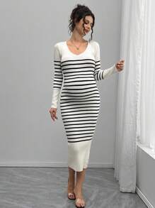 SHEIN Pregnant Women's Casual V-Neck Striped Print Bodycon Sweater Dress
