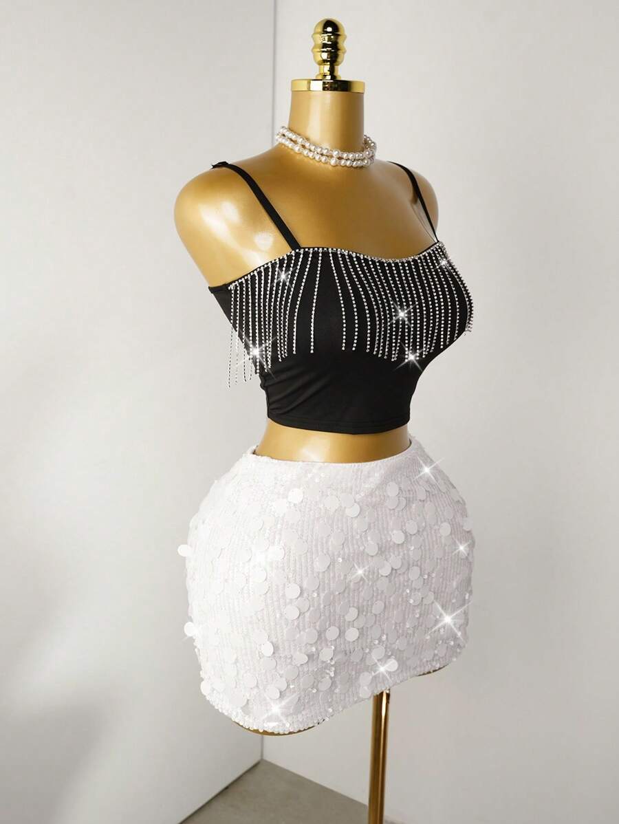 Mistrie Women Sequin Decor White Mini Skirt, For Summer For Holiday Party Clothes - White - View 1