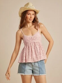 WESTFADE Áo ba lỗ Babydoll cổ chữ V ren móc xếp nếp hở lưng không tay nhún bèo cho bãi biển mùa hè ngày 4 tháng 7 - Màu Hồng baby - Xem 1