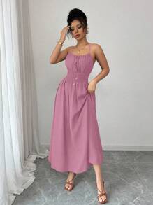 Elenzga Vestido cómodo de verano y primavera de fibra de lino color café con lazo frontal y cintura con lazada, estilo casual y fluido - Rosa - Ver 4