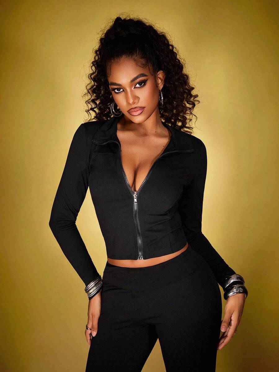 INAWLY 2pcs Solid Color Zip-Up Jacket & Fitted Leggings Set For Women, Autumn Fall Cloth For Women - Black - View 1