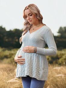 SHEIN Pull de maternité à manches longues en tricot câblé froncé de couleur unie - Gris - Voir 7