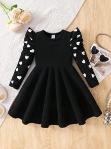 SHEIN Nova Glow 少女彩色圆点拼接圆领长袖针织连衣裙 - 黑色 - 查看 7