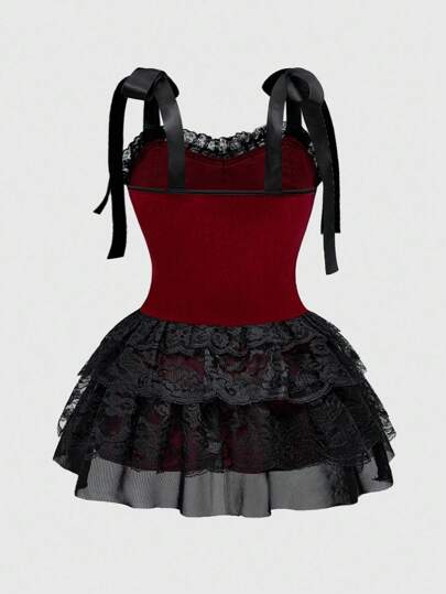 Goth Plus Size Women Gothic Vintage Palace Style Contrast Lace Trim Cross Pendant Strap Camisole Long Dress