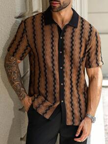 Manfinity Homme 夏季大码男士休闲拼色条纹短袖衬衫 - 咖啡棕 - 查看 6