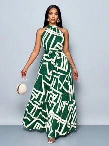 Vestido maxi con estampado integral, escote halter, fluido, con cinturón, para vacaciones (floral aleatorio) - Verde - Ver 7