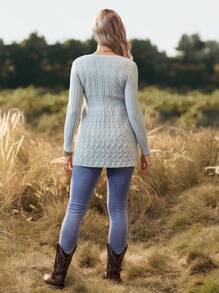 SHEIN Pull de maternité à manches longues en tricot câblé froncé de couleur unie - Gris - Voir 4