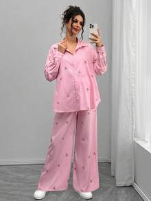 Momance Elegant Casual Butterfly Print Pink Long Cardigan Maternity Set