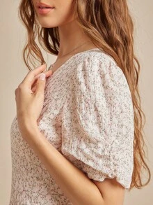 WESTFADE Floral Textured Woven V Neck Puff Sleeve Fit & Flare Mini Dress Fall Back To School Country Concert Outfit - Pink - View 4