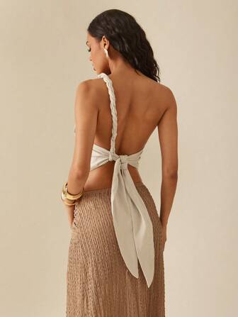 Hauture 女式夏季性感度假单肩扭纹亚麻上衣