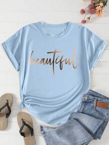 INAWLY 大码女式夏季短袖圆领休闲 T 恤，字母印花图案 T 恤女式上衣 - 淺藍色 - 查看 1