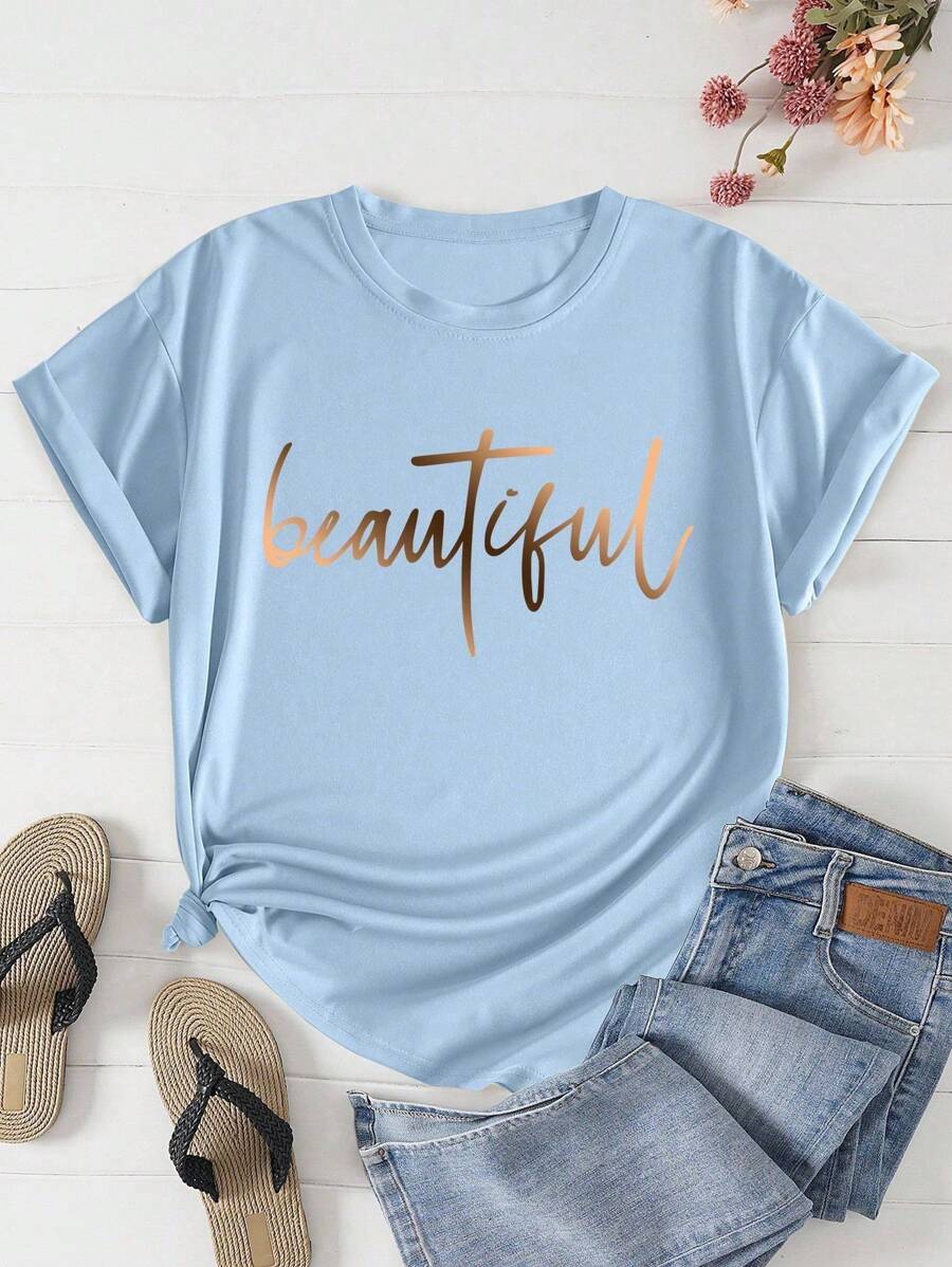 INAWLY 大码女式夏季短袖圆领休闲 T 恤，字母印花图案 T 恤女式上衣 - 淺藍色 - 查看 1