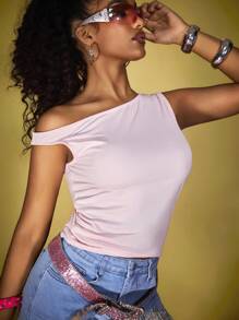 INAWLY Women Solid Color Pleated Asymmetric Collar Casual Summer T-Shirt - Pink - View 1