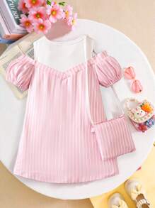 SHEIN 小女童條紋圖案3D兔耳朵挖肩連衣裙附包 - 彩色 - 查看 2