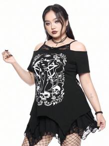 ROMWE Goth Gyaru 风格夏季海滩节女式狂欢街头服饰，哥特风格猫星骷髅印花不对称下摆露肩蕾丝吊带背心宽松大码 T 恤