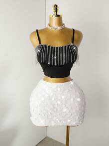 Mistrie Women Sequin Decor White Mini Skirt, For Summer For Holiday Party Clothes - White - View 3