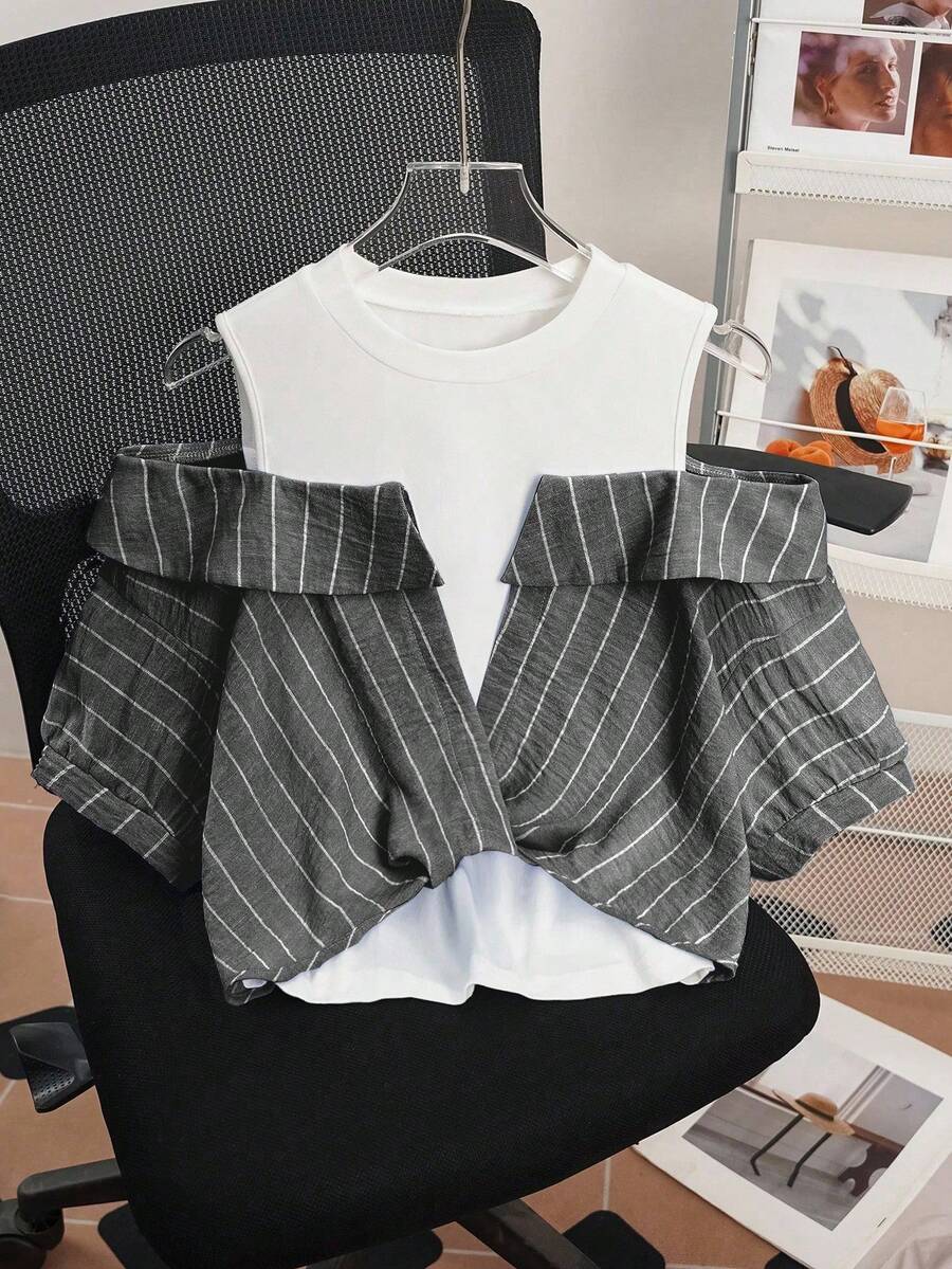 Franclia 女式条纹露肩T恤，二合一，夏季 - 黑色 - 查看 1