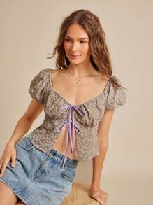 WESTFADE 纹理碎花印花甜心领蝴蝶结前短款泡泡袖飘逸上衣夏季纳什维尔度假乡村西部牛仔女牛仔音乐会 - 紫色 - 查看 1