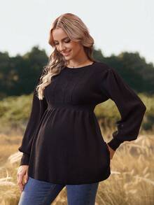 SHEIN Solid Color Cable Knit Ruffle Hem Maternity Sweater - Black - View 7