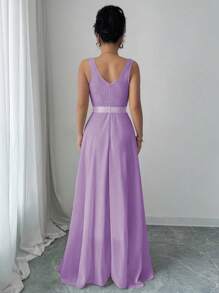 Elenzga 无袖 V 领收腰 A 字型优雅浪漫女士派对连衣裙长款女装 - 淡紫色 - 查看 2