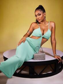 Zyxie Women Summer Solid Color Waist Cutout Slim Strappy Dress - Green - View 4
