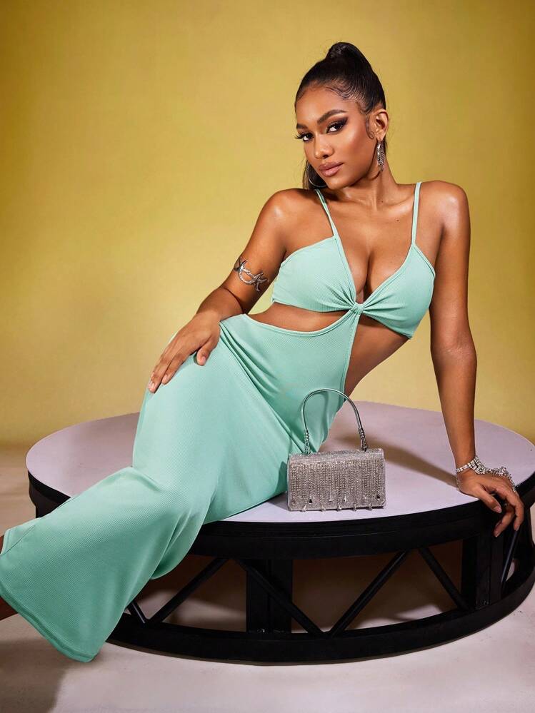 Zyxie 女士夏季純色腰間露肉修身吊帶裙 - 綠色 - 查看 4