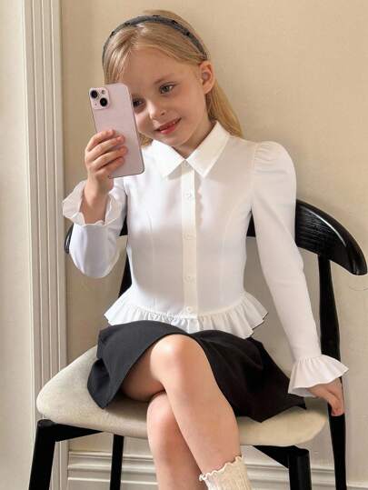 SHEIN Kleine Mädchen Lässig vielseitiger gewebter einfarbiger Hemdkragen Puff Langarm taillierter Rüschensaum weißes Hemd, Gigot Ärmel Knopf Retro Spitzenkragen