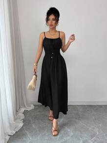 Elenzga 女式休闲万圣节舒适合身腰部无袖吊带连衣裙，春夏 - 黑色 - 查看 7